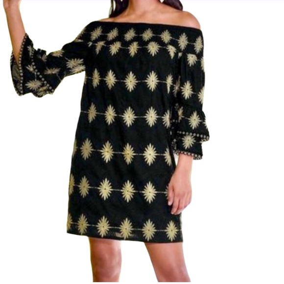 Boston Proper Black Gold Embroidered Off Shoulder Lined Dress Size Medium - Picture 3 of 12